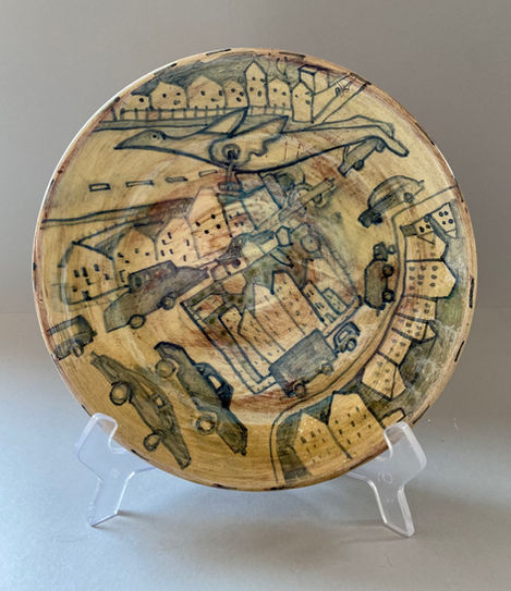 Riding My Bike, Plate , About Cycling  
Red Clay . Honey Glaze 
Cobalt Oxide 
