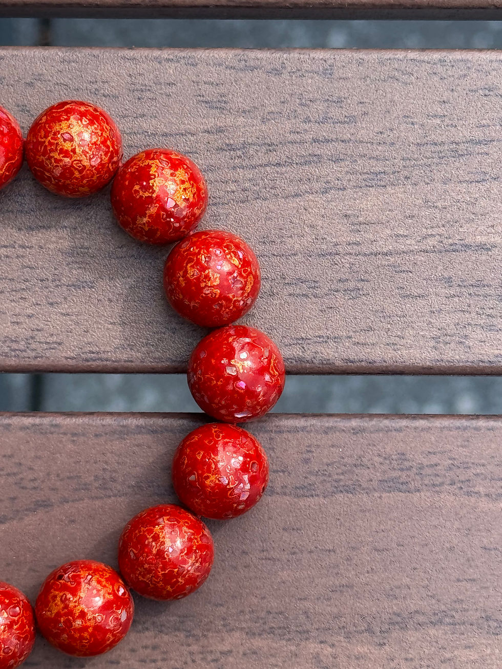 Thumbnail: Handmade Red Lacquer Bead Stretch Bracelet - Phoenix Ember - 0.55 Inch Beads