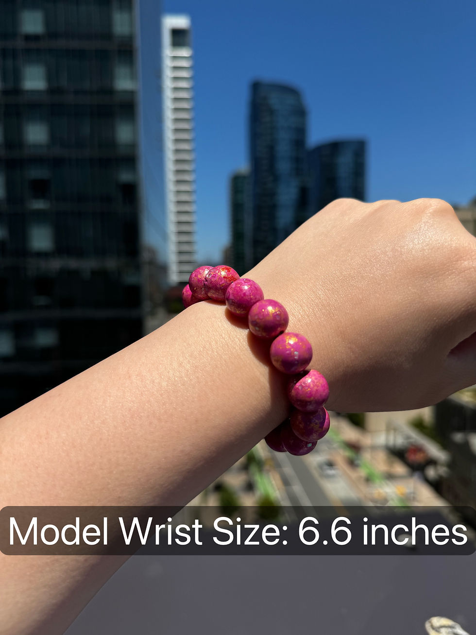 Thumbnail: Handmade Pink Lacquer Bead Bracelet - Blossom Amber - 0.55 Inch Beads