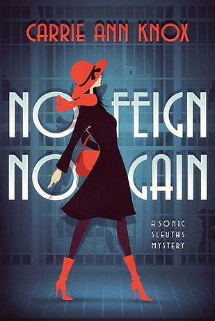 Red hat scarf and boots girl on cover of NO FEIGN NO GAIN Brand new just released Book 2 of Sonic Sleuths Series cozy mysteries