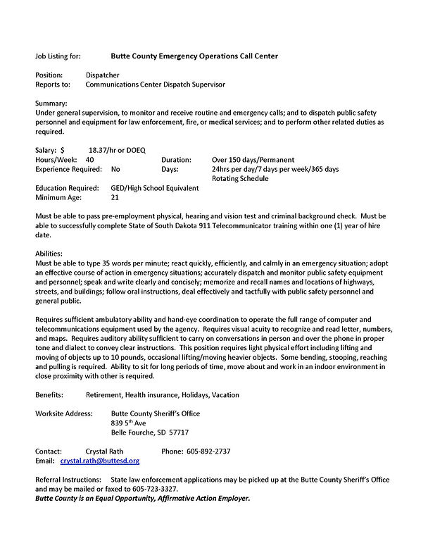 Employment, Butte County SD, Administration, Sheriffs Office, Dispatch