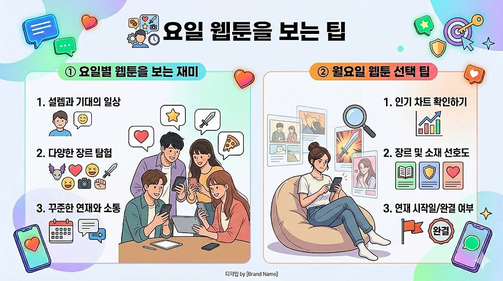 웹툰 보는 팁을 설명하는 이미지. 왼쪽엔 네 명이 스마트폰과 태블릿을 보고 있고, 오른쪽엔 여성이 소파에 앉아 스마트폰을 봄. 화려한 아이콘과 텍스트가 주목됨.