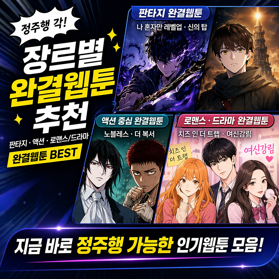판타지, 액션, 로맨스 완결 웹툰 추천. 캐릭터 이미지와 작품명 나열. 어두운 배경에 노란색 텍스트 강조. 웹툰 모음 광고.