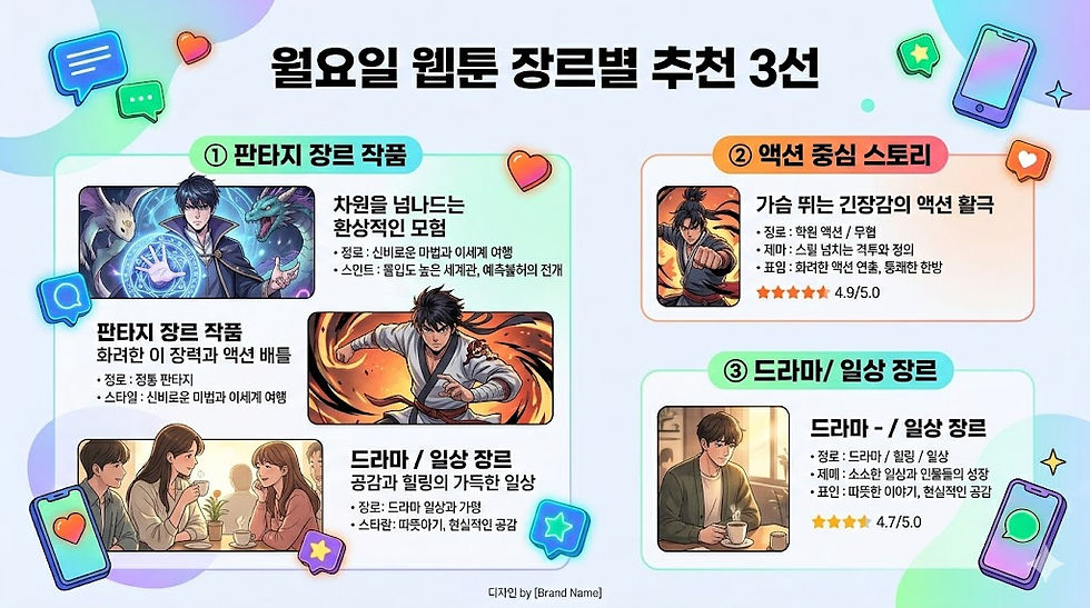 월요일 웹툰 추천 3선 이미지. 판타지, 액션, 드라마 장르 소개. 각 장르마다 그림과 별점 포함. 밝고 생동감 있는 디자인.