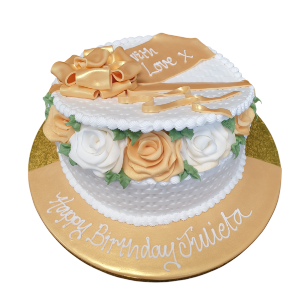Beautifully decorated 8-inch cake shaped like a basket of roses, perfect for weddings, birthdays, and special occasions.