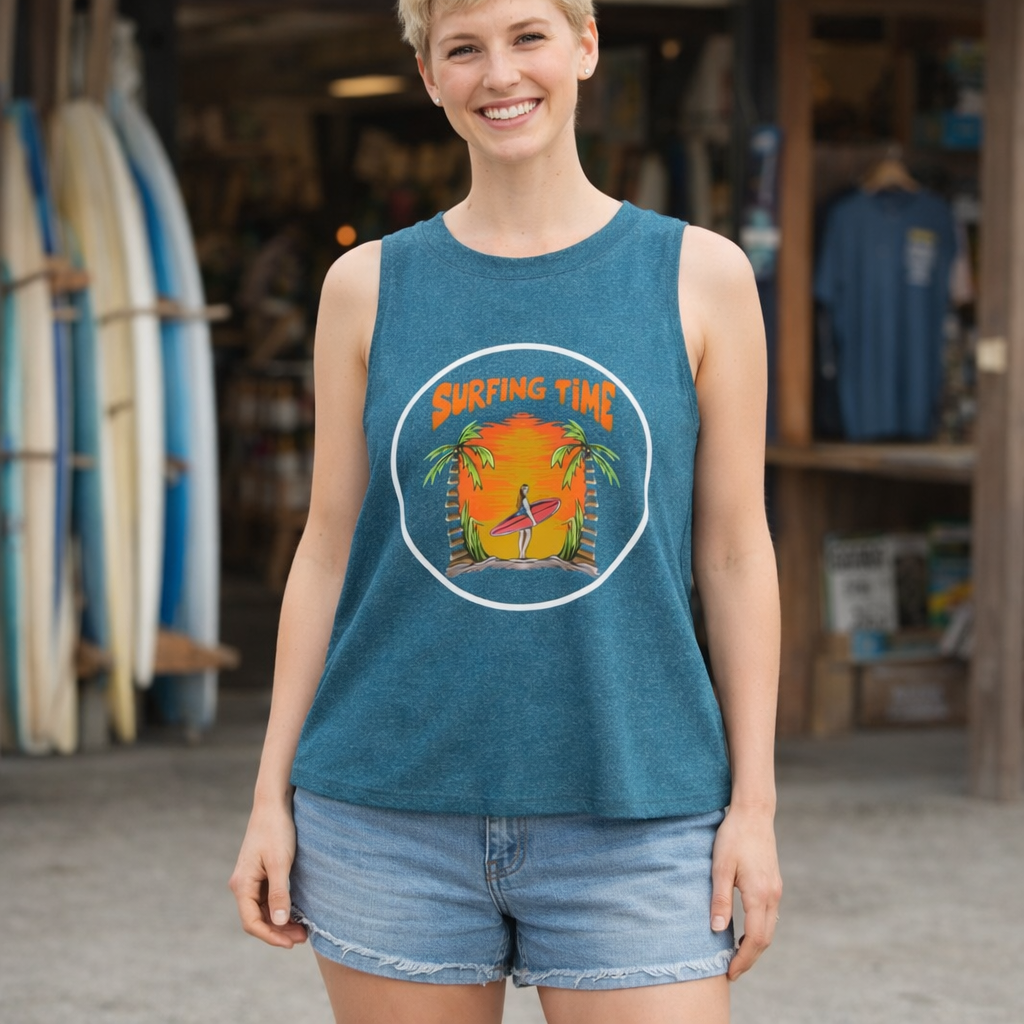 Surfing Time Crop Top — Retro Sunset Surf Graphic Tank