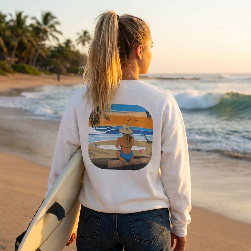 Beach Sunset Crewneck Sweatshirt — Woman Surfing Graphic