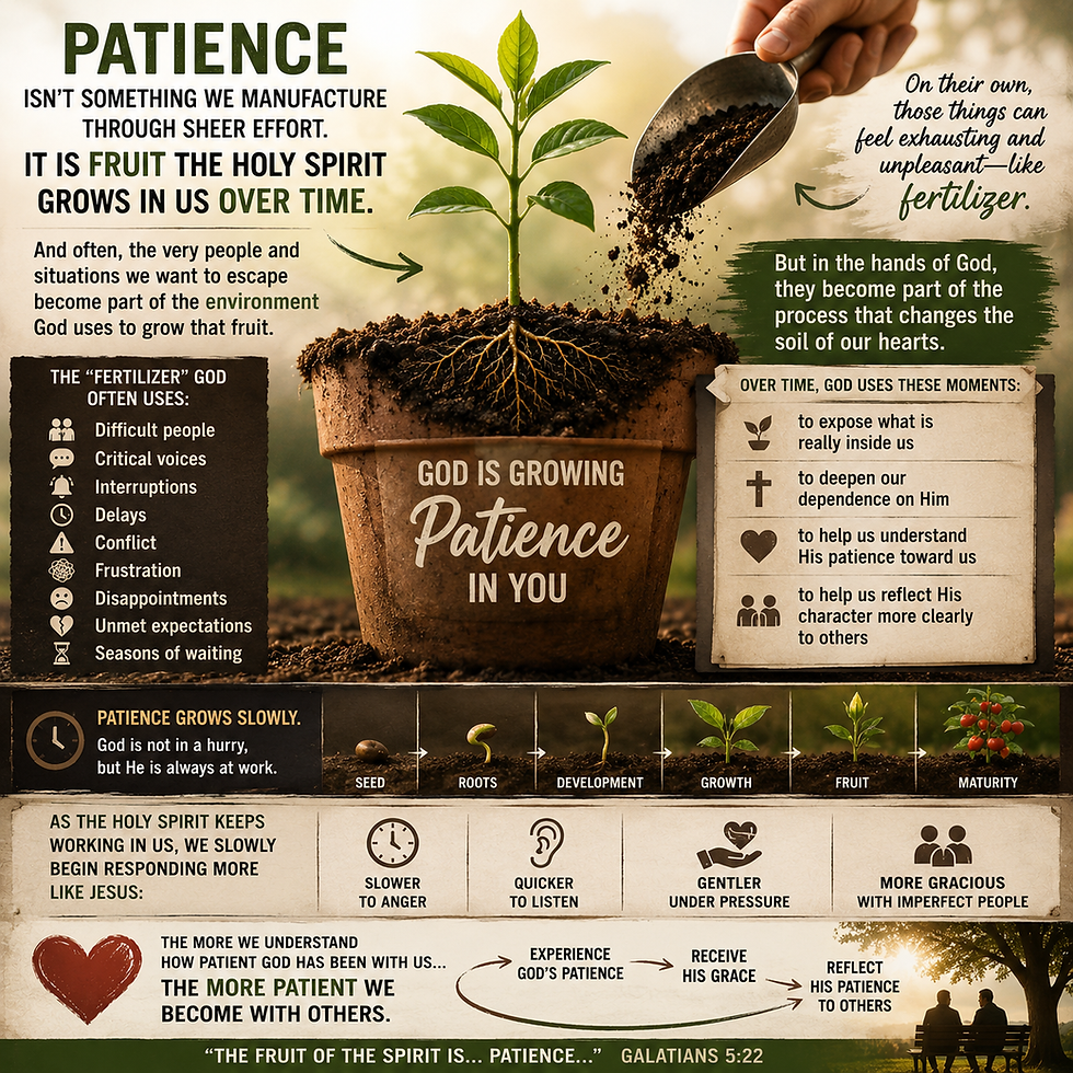 A plant grows in a pot labeled "God is growing patience in you." Text and graphics describe patience as a spiritual fruit developed over time.
