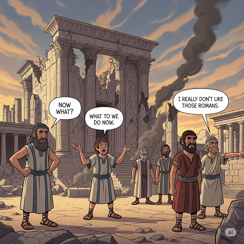 Ancient people in ruins express confusion and frustration. Text bubbles read: "Now what?", "What to we do now.", "I really don’t like those Romans."