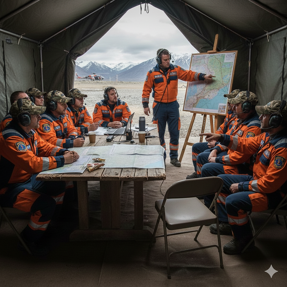 Rescue team in orange suits strategizes over maps in a tent. A leader points at a board, with snowy mountains visible outside.