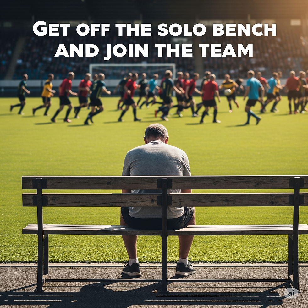 A person sits alone on a bench by a soccer field, watching players in red and blue jerseys. Text: "Get off the solo bench and join the team."