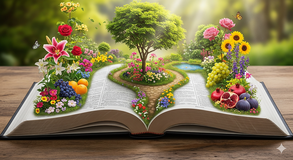 An open book with pages transforming into a vibrant garden with flowers, trees, fruits, and a winding path under sunlight.