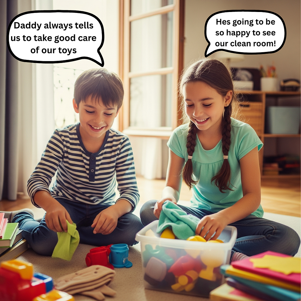 Two smiling children tidy toys in a bright room, one in stripes, the other in teal. Speech bubbles show their excitement about cleaning.