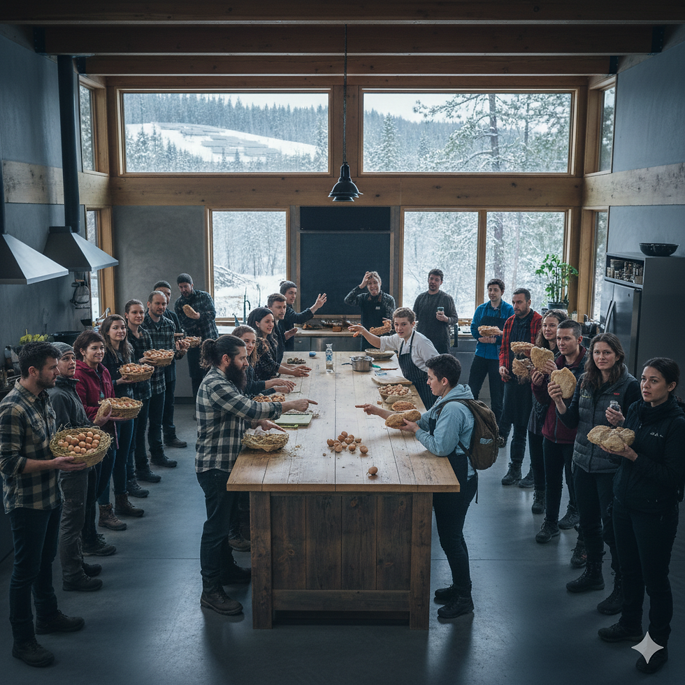 People gather around a large wooden table in a cozy kitchen, holding bread with snowy forest visible through large windows, creating a warm, communal mood.