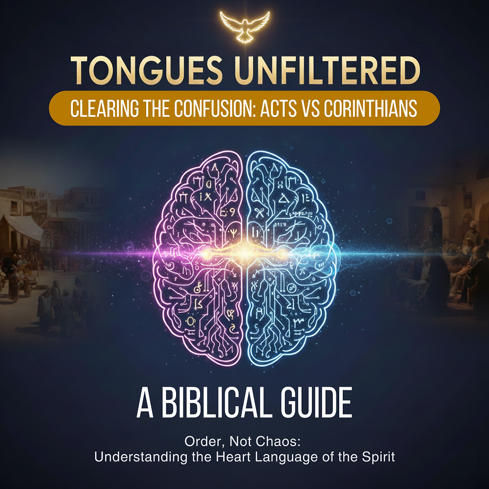 Illustrated brain with text "Tongues Unfiltered: Clearing the Confusion: Acts vs Corinthians" above. Sunlit ancient street in the background.