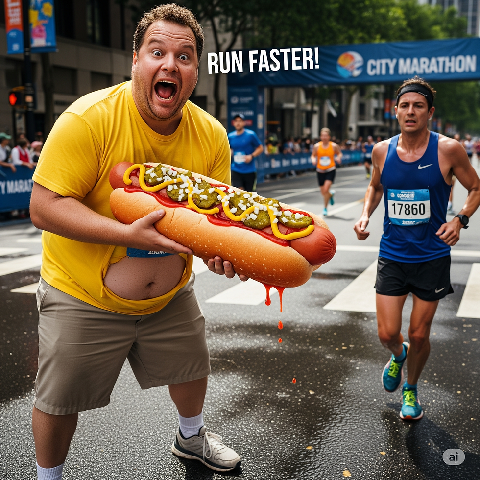 Man in yellow shirt holds giant hot dog, encouraging marathon runner. "RUN FASTER!" sign, city street, energetic mood.