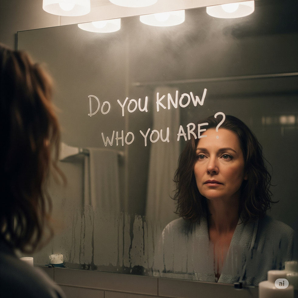 Woman in a bathroom stares at mirror with "Do you know who you are?" written on it. Dim lighting, reflective mood, towels in background.