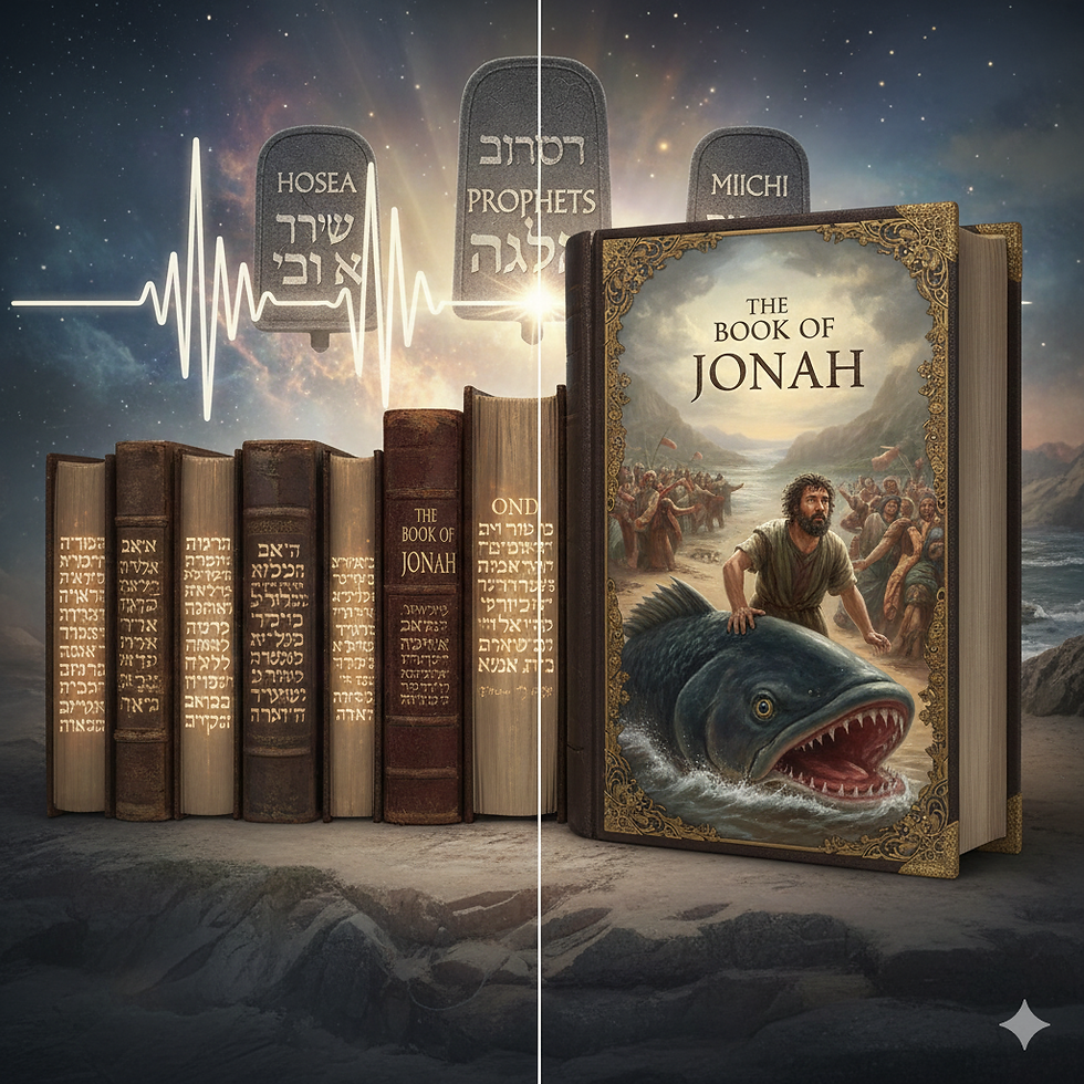 Ancient books with Hebrew text under starry sky. "The Book of Jonah" displays Jonah on a fish. Tablets with "Hosea" and "Micah" visible.