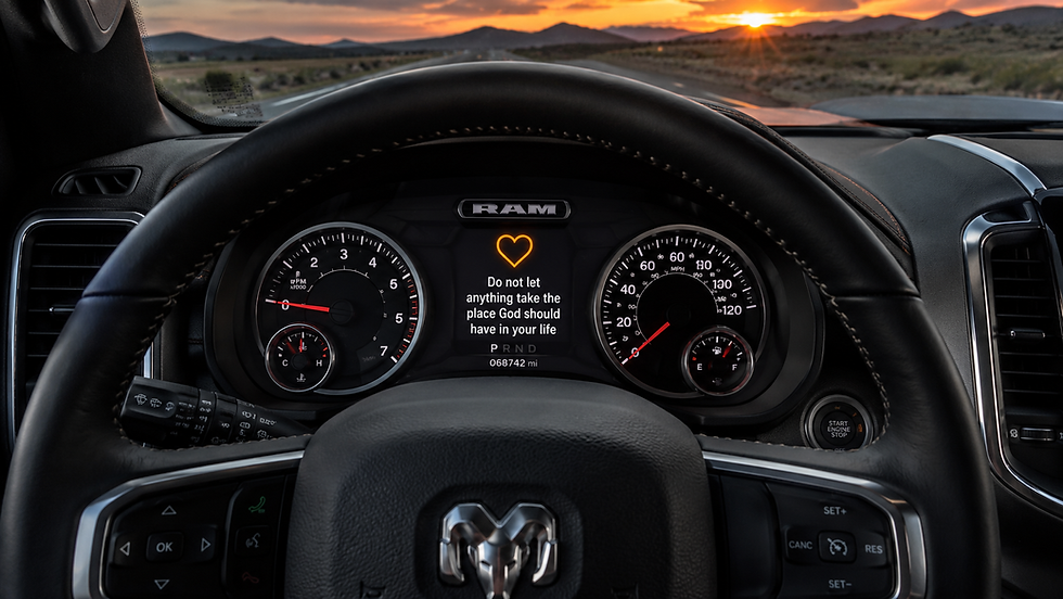 RAM truck dashboard at sunset, with steering wheel and gauges; center screen shows a heart and the message about God.