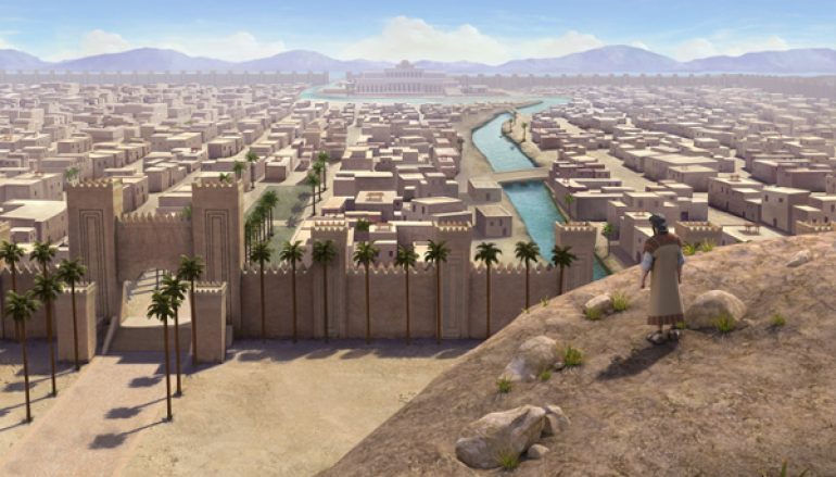 A vast ancient city with sandstone buildings and a river, viewed from a hill. A person stands on the hill overlooking palm-lined walls.