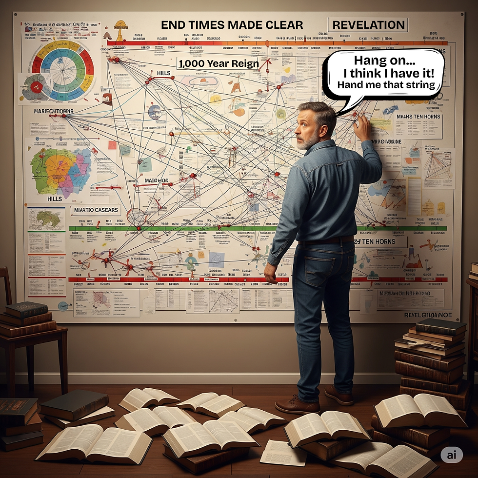 Man in denim studies a complex chart labeled "End Times Made Clear." Books and open texts on the floor; speech bubble: "Hang on... Hand me that string."