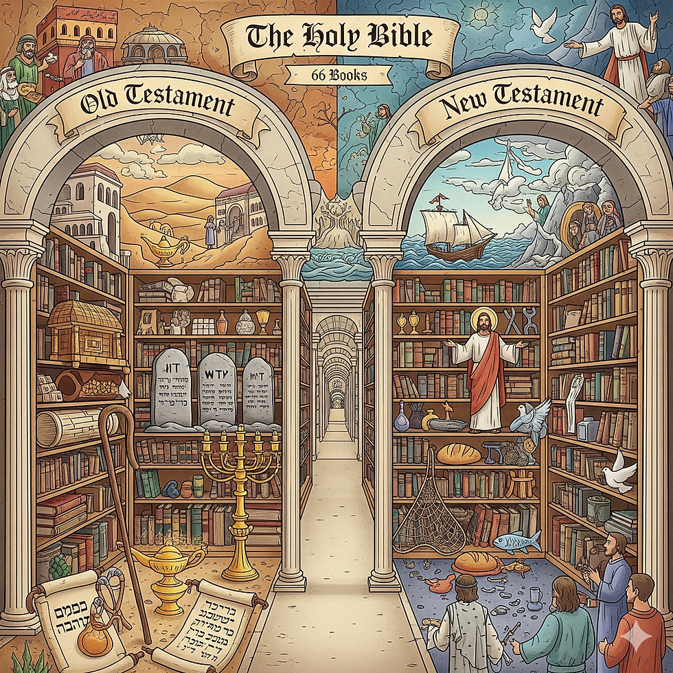 Illustrated Bible cover split into Old and New Testaments. Features bookshelves, biblical figures, symbols, and a central archway.