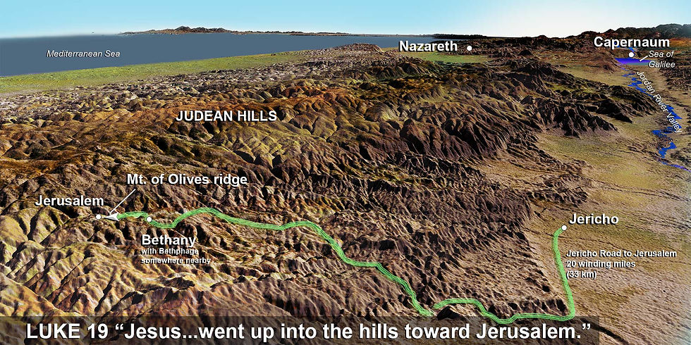 3D map of Israel’s hills and roads labeled Jerusalem, Bethany, Jericho, Nazareth, and Capernaum, with Luke 19 verse at bottom.