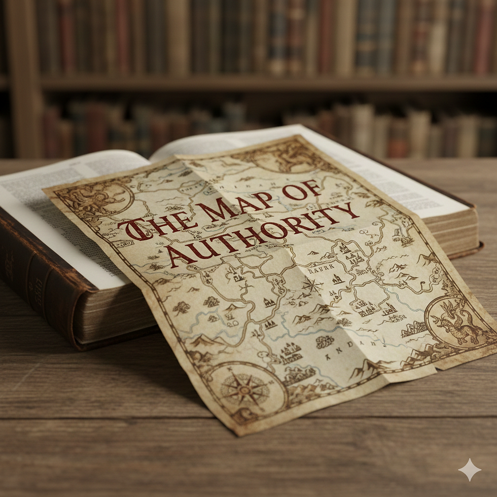 Ancient map titled "The Map of Authority" lies on an open book, textured paper, in a cozy library setting with blurred bookshelves.