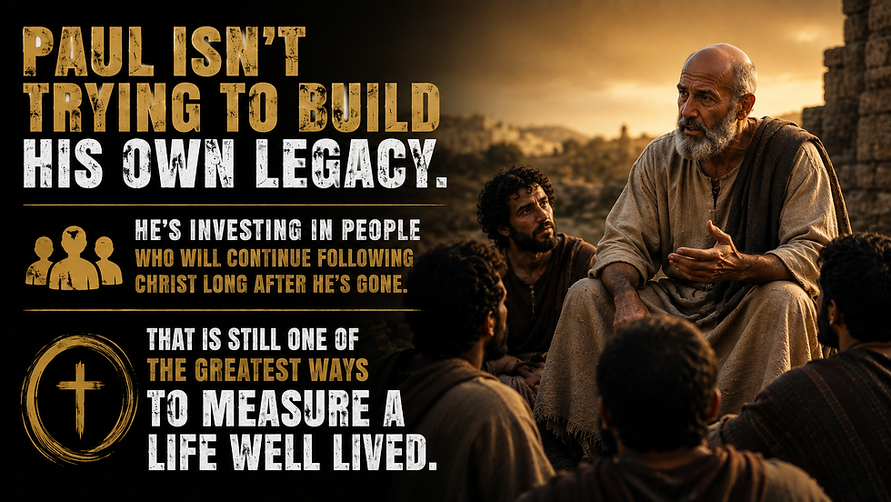 Bible-style graphic of Jesus-like man teaching followers at sunset; text reads Paul isn’t trying to build his own legacy.