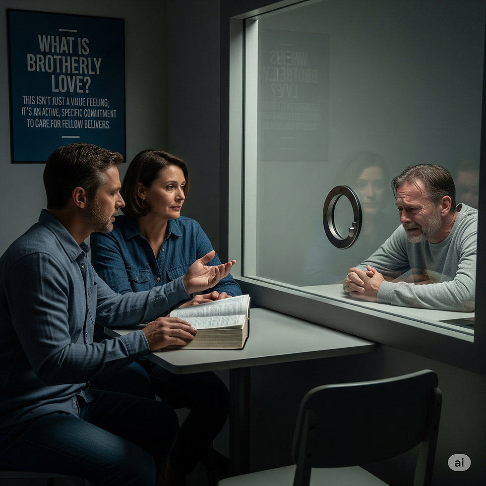 Two people sit at a table with a book, talking to a man behind glass. A poster reads "What is Brotherly Love?" The mood is serious.