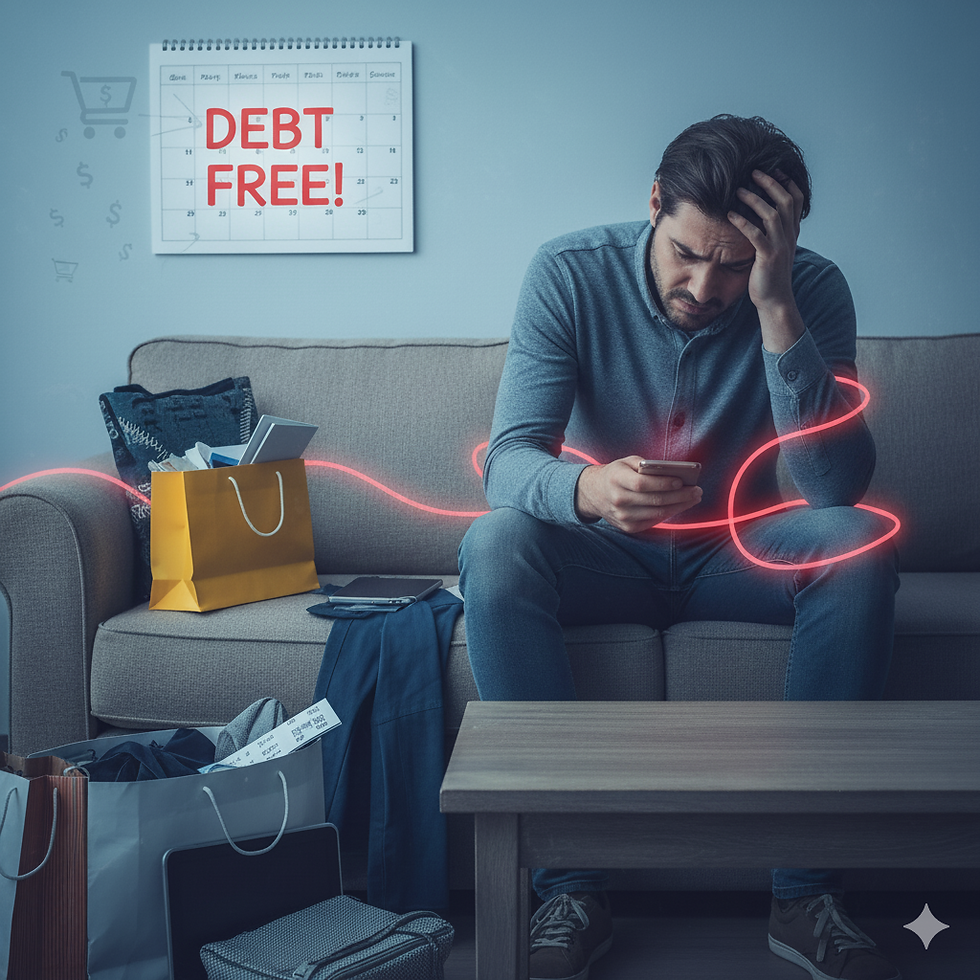 Man stressed on sofa with phone. Surrounded by shopping bags. Calendar shows "DEBT FREE!" Red line art symbolizes debt. Mood: overwhelmed.