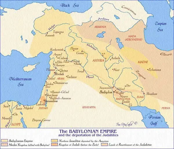 Map of the Babylonian Empire showing territories, cities, and historical notes in varied colors. Includes seas and key locations labeled.