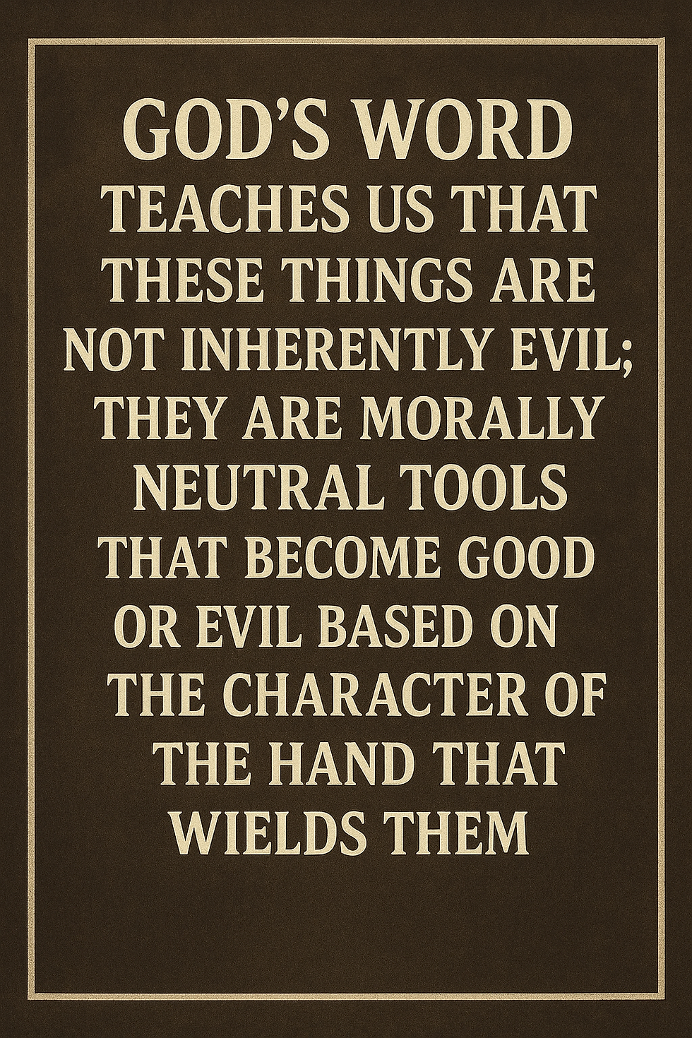 Text on a dark brown background reads: GOD'S WORD teaches tools become good or evil based on the character of the hand that wields them.