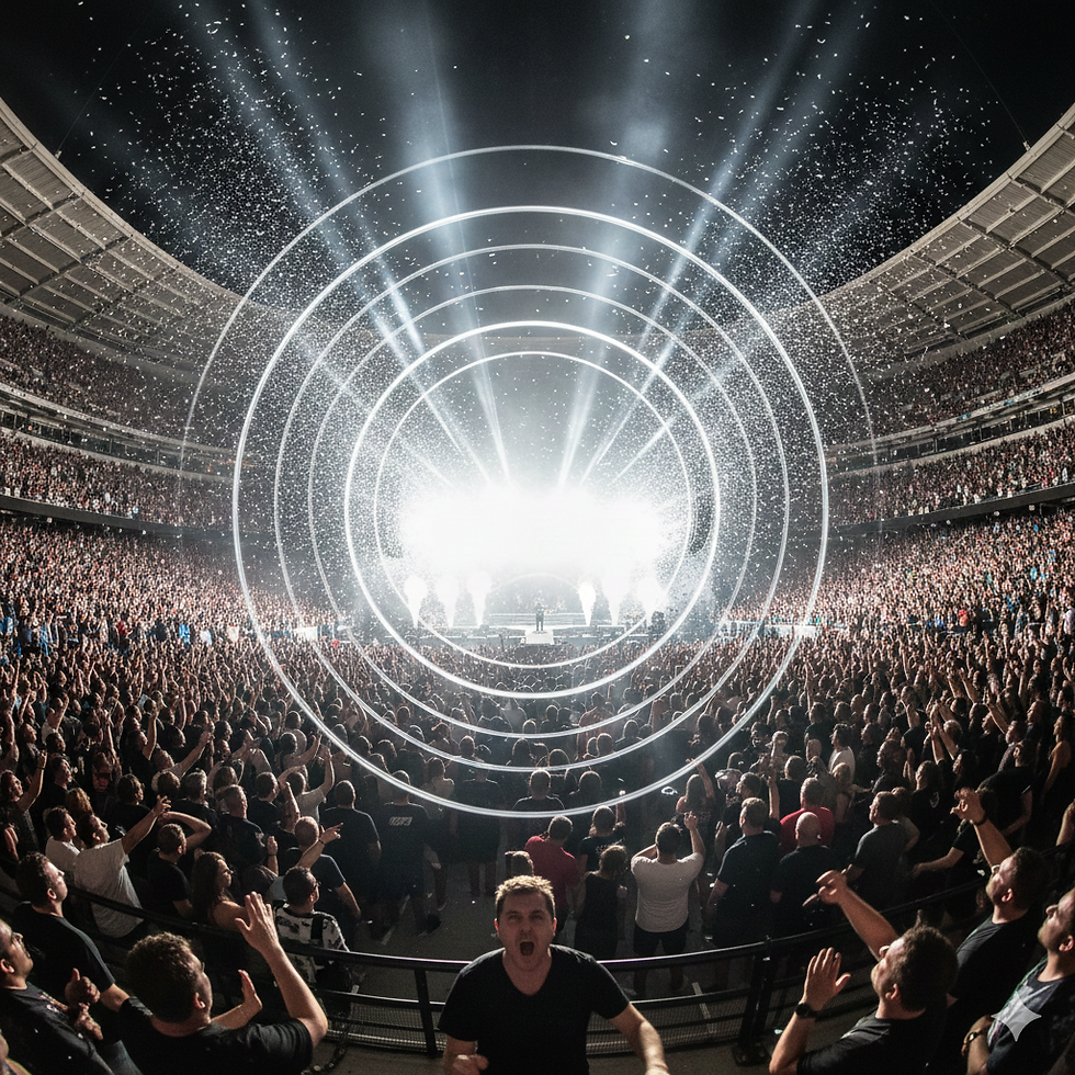 Concert audience cheering under a confetti shower in a stadium. Bright stage lights with circular patterns, creating an energetic atmosphere.