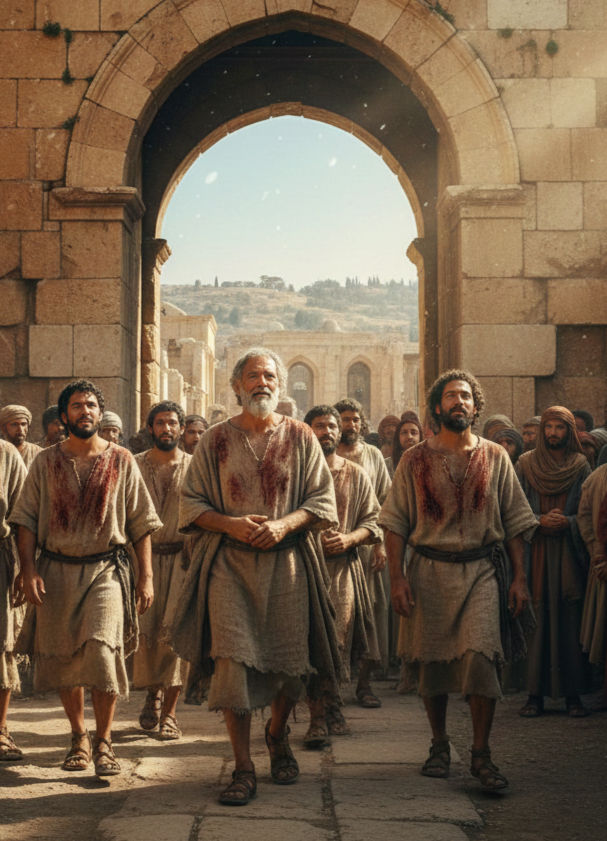 Men in ancient garb walk through a stone archway, robes stained red. Sunlight casts shadows, creating a solemn, historic atmosphere.