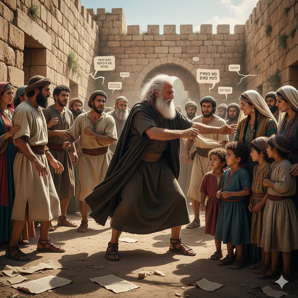 A bearded man gestures passionately in a stone courtyard, surrounded by people in traditional attire. Text bubbles hover above, conveying dialogue.