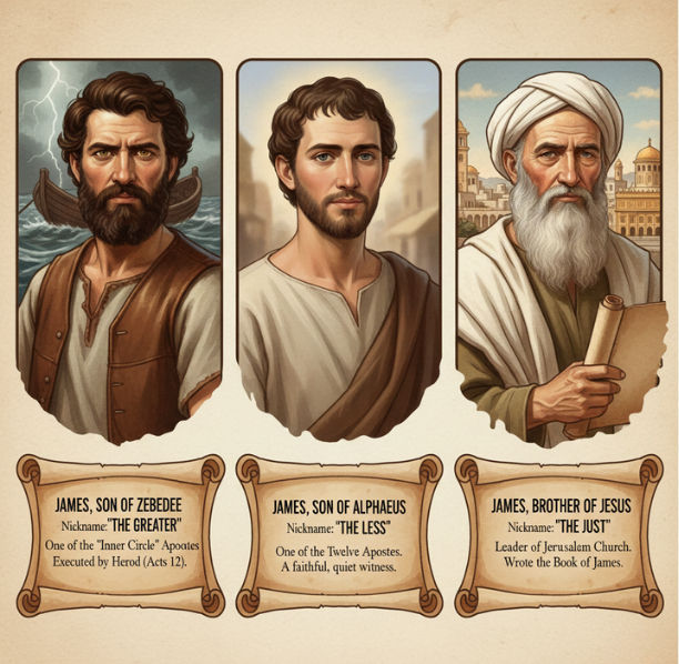 Three portraits of men labeled James: Zebedee, Alphaeus, and brother of Jesus. Backgrounds depict sea, sky, and buildings. Text details roles.