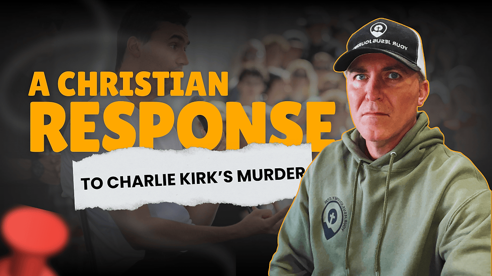 Man in a cap and hoodie appears serious. Text reads: "A Christian Response to Charlie Kirk’s Murder." Blurred crowd background.