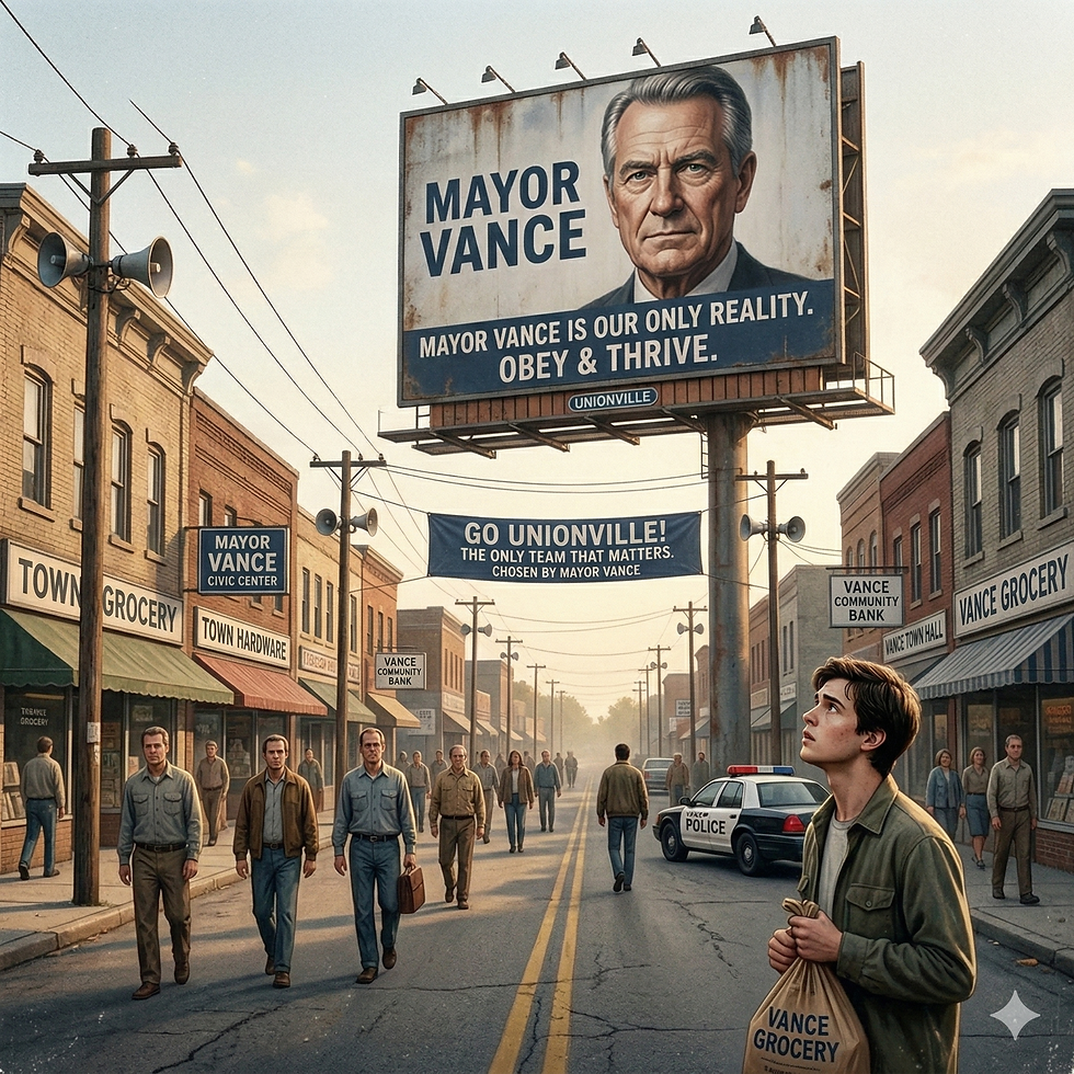 People walk down a town street with "Mayor Vance" billboards. A young man holds a grocery bag, looking up. Sky is clear, mood is tense.