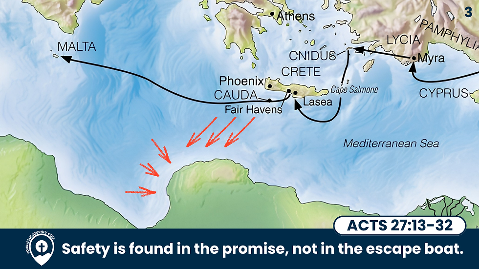 Map illustrating Paul's voyage in the Mediterranean with route arrows. Text: "Safety is found in the promise, not in the escape boat. Acts 27:13-32".