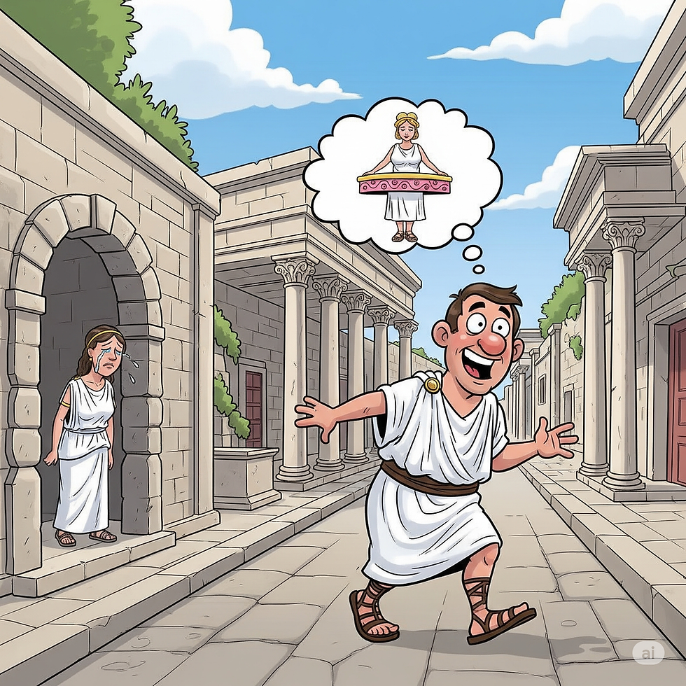 Man in toga happily imagines a dressed woman; upset woman nearby. Ancient city with stone buildings. Clear blue sky above.