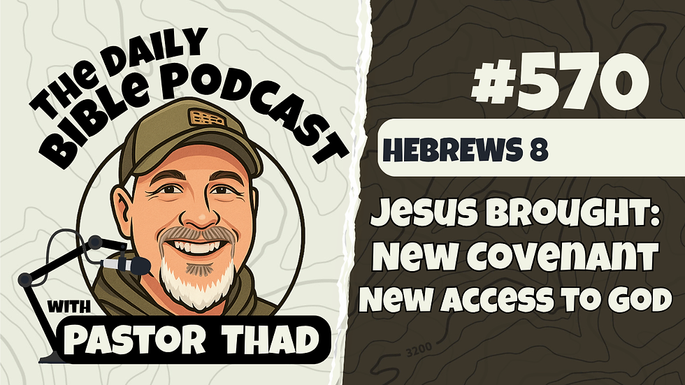 Cartoon man with a cap and mic on beige map background. Text: The Daily Bible Podcast with Pastor Thad, #557, Hebrews 1:1-3, Jesus Is...Better Than Any Prophet.