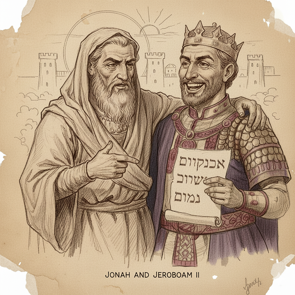 An elderly man and a king hold a scroll. The king smiles. Background shows ancient towers. Sepia tones. Text below reads "Jonah and Jeroboam II".