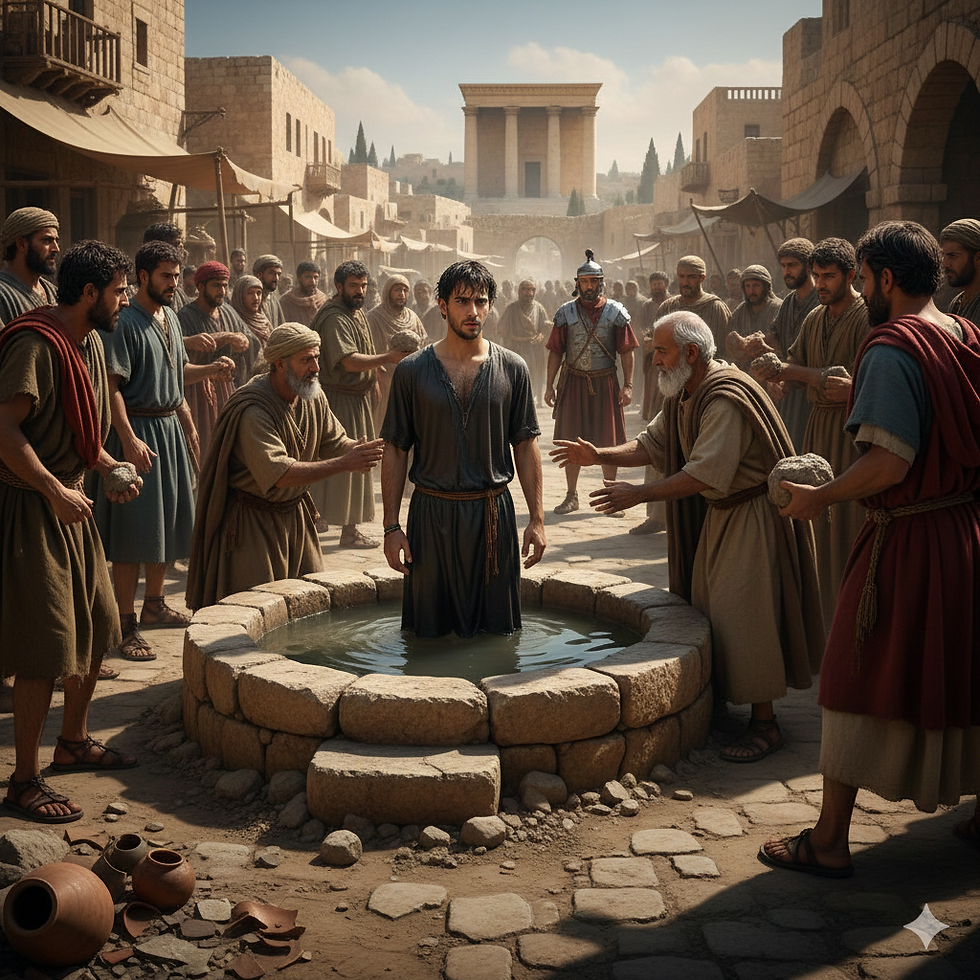 Man in tunic stands in a stone well surrounded by a crowd in ancient city street. People gesture emotionally. Tan buildings in background.