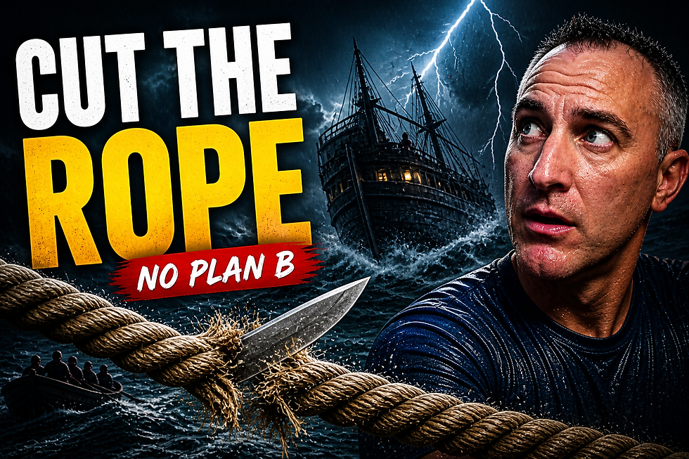 Man looks worried as a knife cuts a rope. A stormy sea with a ship and lightning looms behind. Text: "CUT THE ROPE, NO PLAN B".