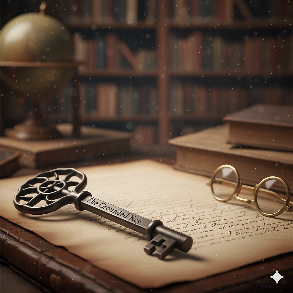 Antique key labeled "The Grounded Key" on a handwritten document. Nearby are round glasses and stacked books. A globe is blurred in the background.