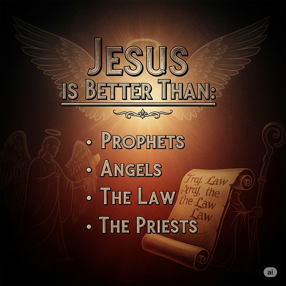 Text reads "Jesus is Better Than: Prophets, Angels, The Law, The Priests" with decorative wings and scroll on a warm-toned background.