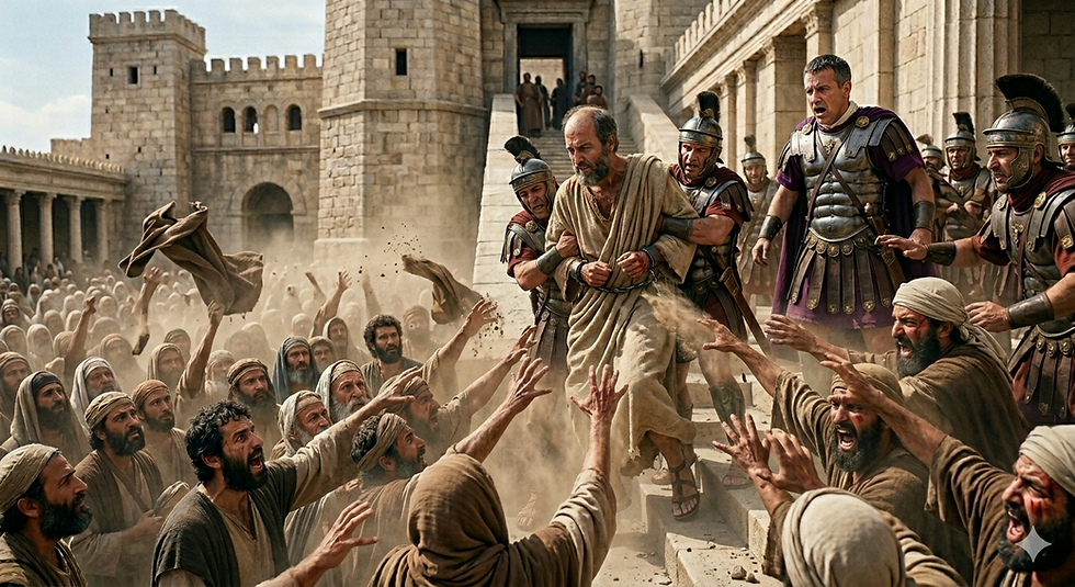 A crowd reaches toward a bound man, escorted by soldiers in armor, amid dust and stone buildings. The scene is tense and emotional.