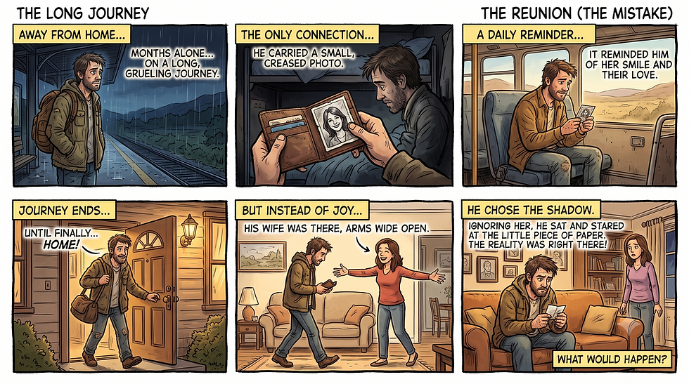 Comic panels show a weary man on a long journey, clutching a photo, returning home as his wife greets him; he stays fixated on it.