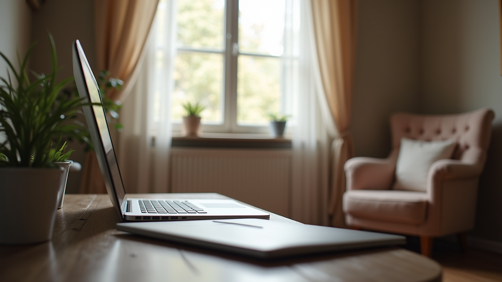 Eye-level view of a cozy home office setup with a laptop and a comfortable chair